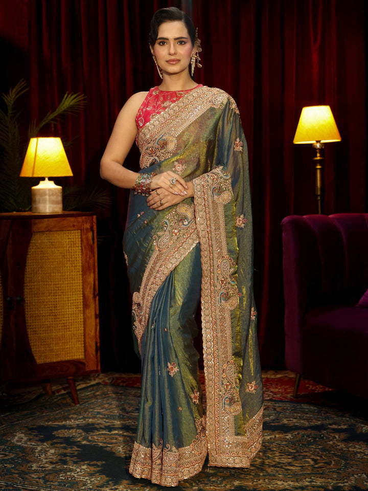 Libas Art Forest Green Sequin Tissue Saree with Embellished Border