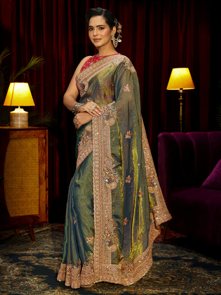 Libas Art Forest Green Sequin Tissue Saree with Embellished Border