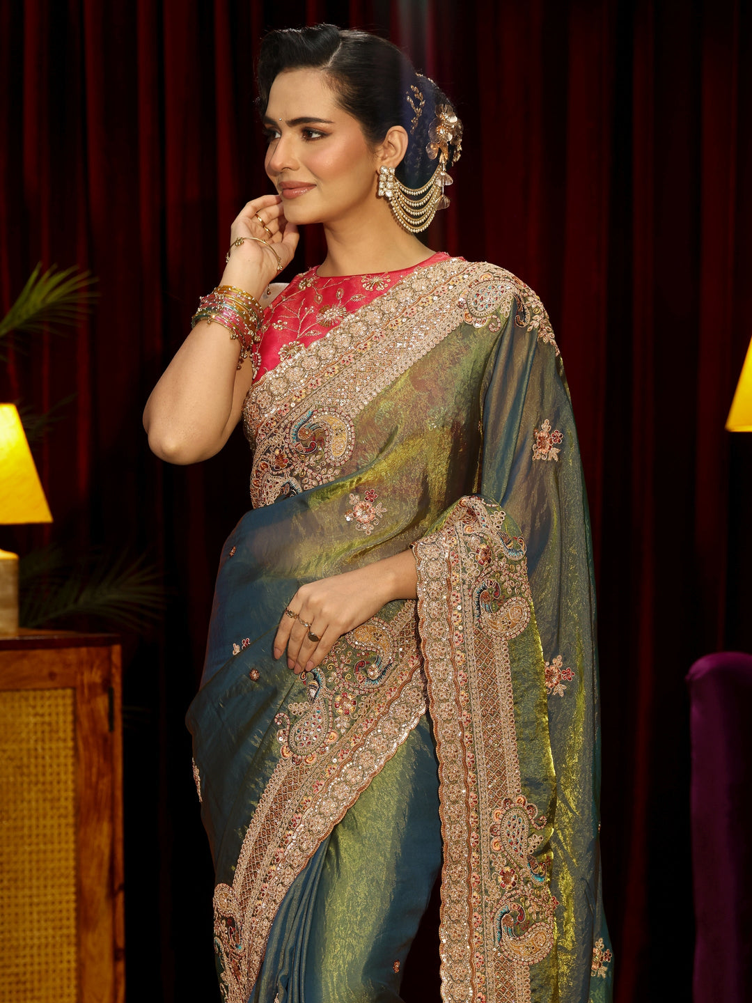 Libas Art Forest Green Sequin Tissue Saree with Embellished Border