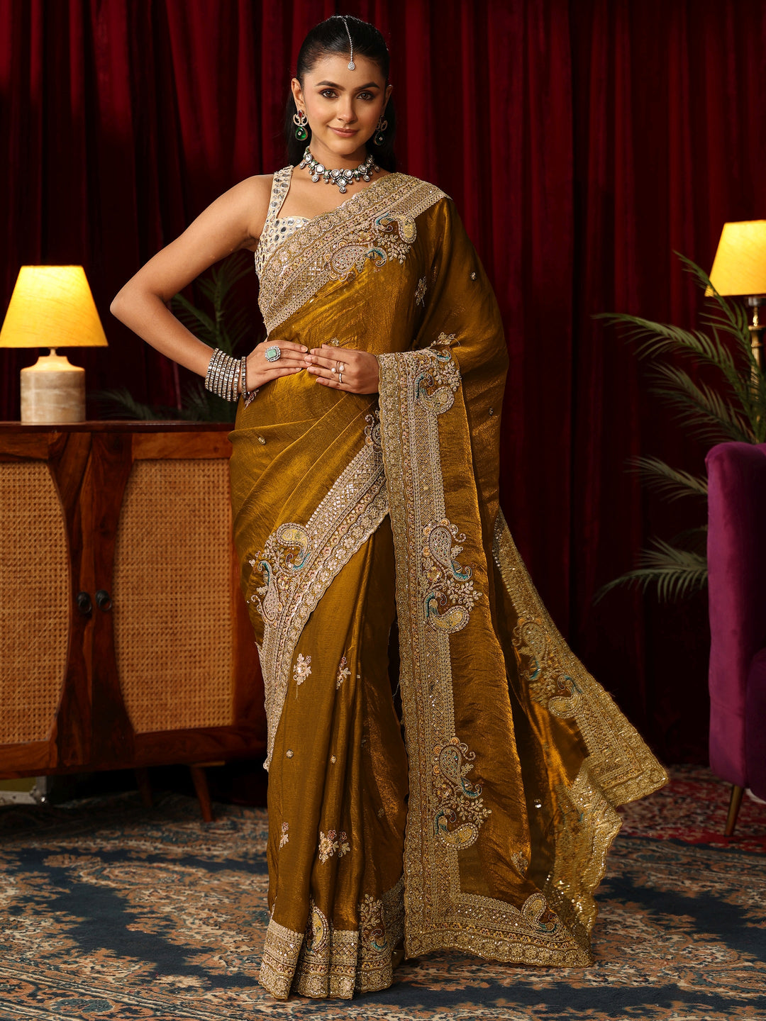 Libas Art Golden Mustard Tissue Saree with Embellished Peacock Border