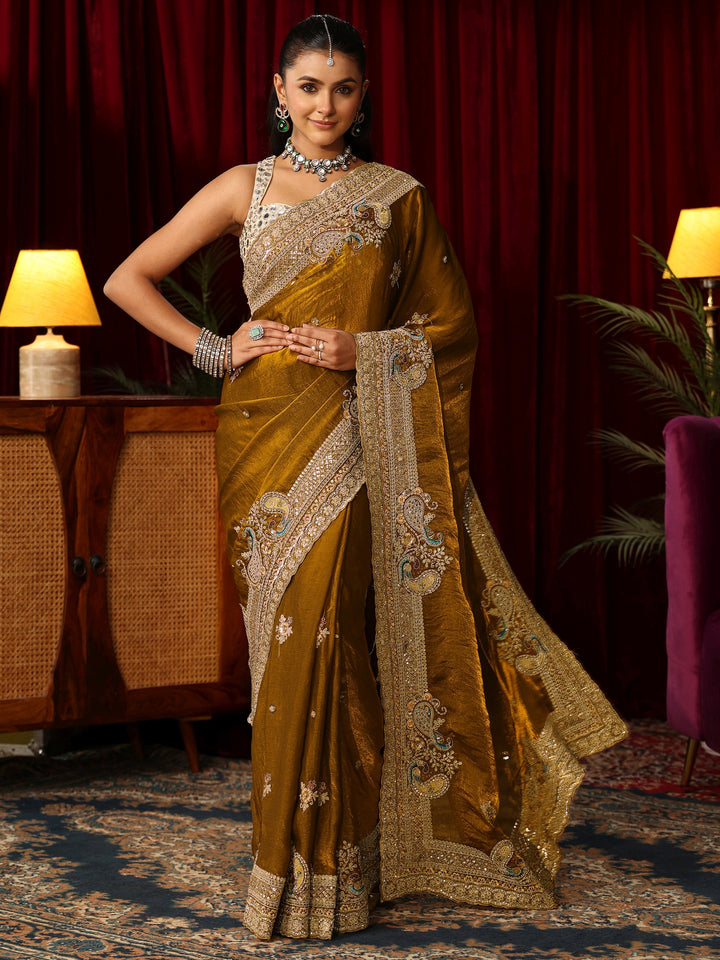 Libas Art Golden Mustard Tissue Saree with Embellished Peacock Border