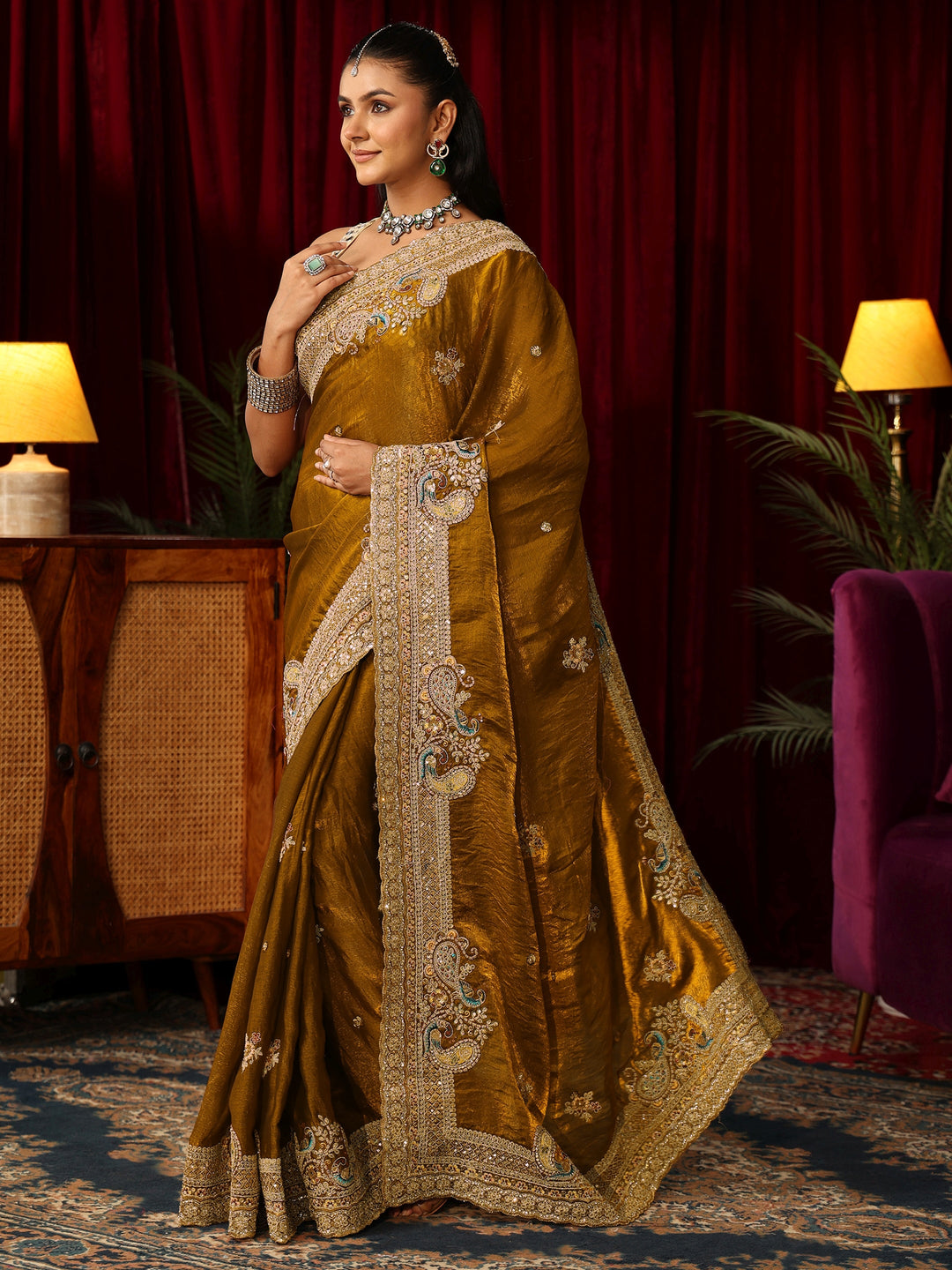 Libas Art Golden Mustard Tissue Saree with Embellished Peacock Border