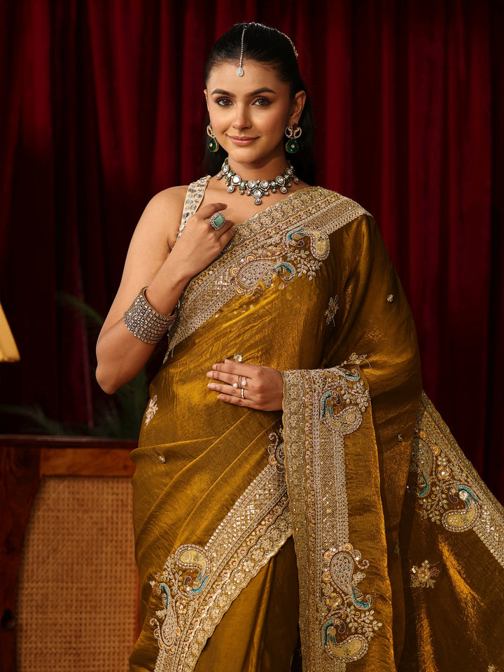 Libas Art Golden Mustard Tissue Saree with Embellished Peacock Border