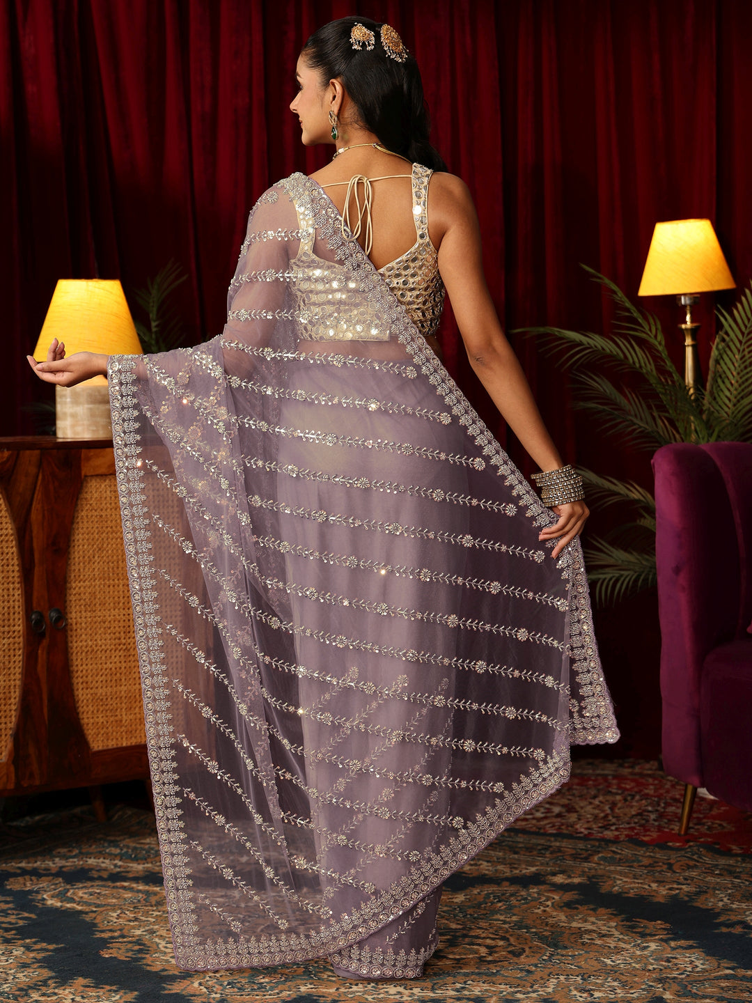 Libas Art Lavender Sequin Embellished Net Saree