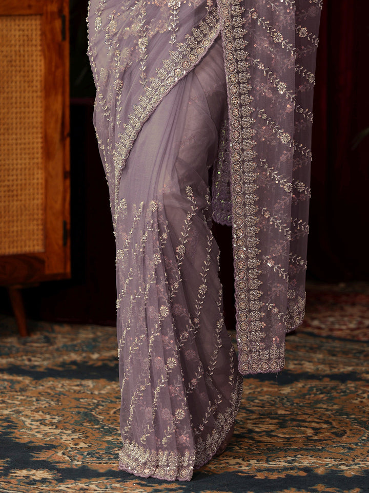 Libas Art Lavender Sequin Embellished Net Saree