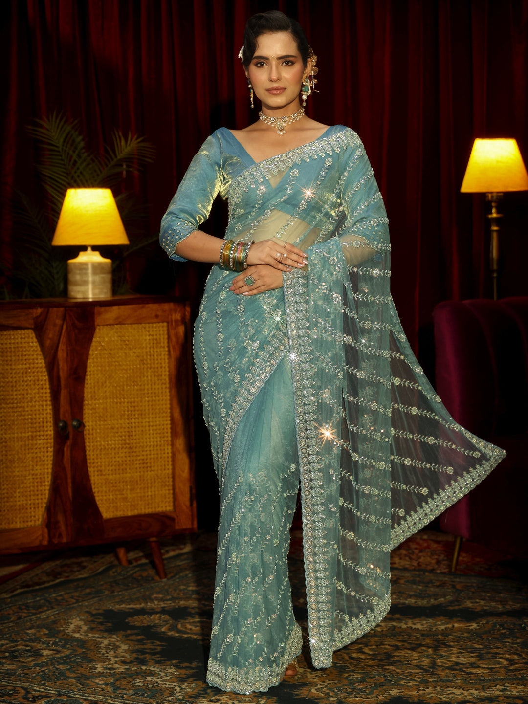 Libas Art Powder Blue Floral Embellished Net Saree