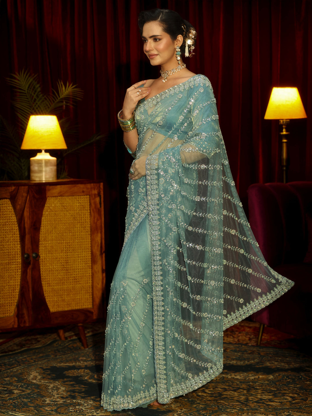 Libas Art Powder Blue Floral Embellished Net Saree
