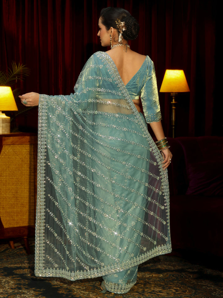 Libas Art Powder Blue Floral Embellished Net Saree