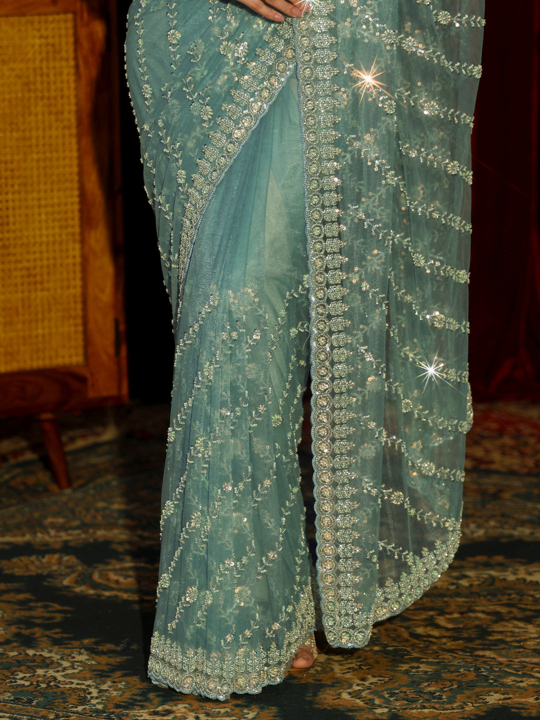 Libas Art Powder Blue Floral Embellished Net Saree
