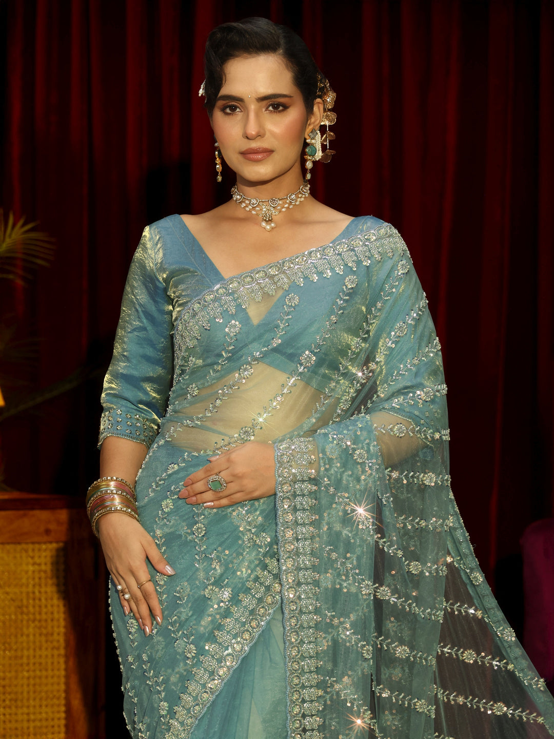 Libas Art Powder Blue Floral Embellished Net Saree