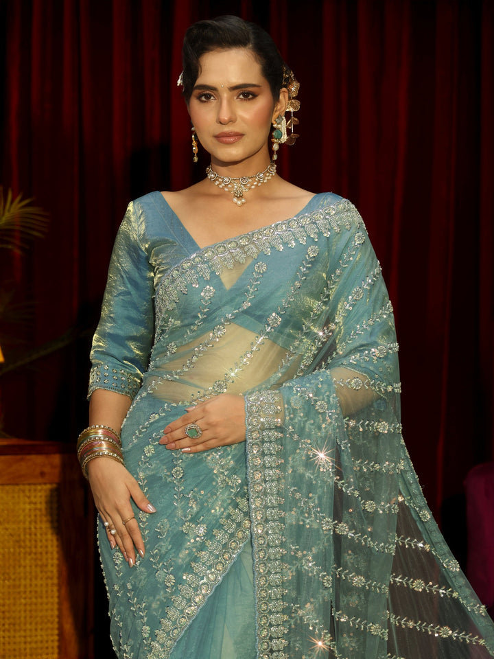 Libas Art Powder Blue Floral Embellished Net Saree