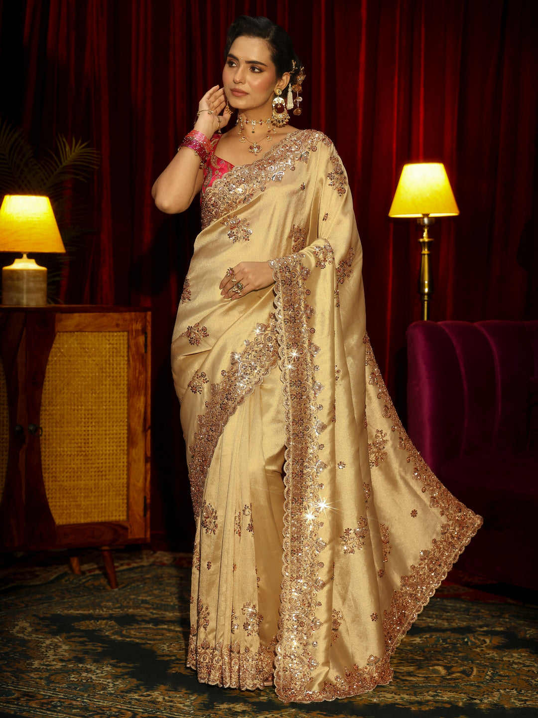 Libas Art Green Floral Sequins Embellished Tissue Saree
