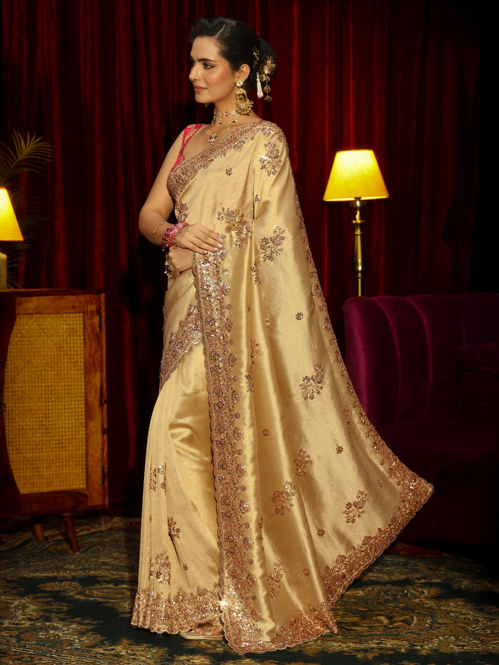 Libas Art Green Floral Sequins Embellished Tissue Saree