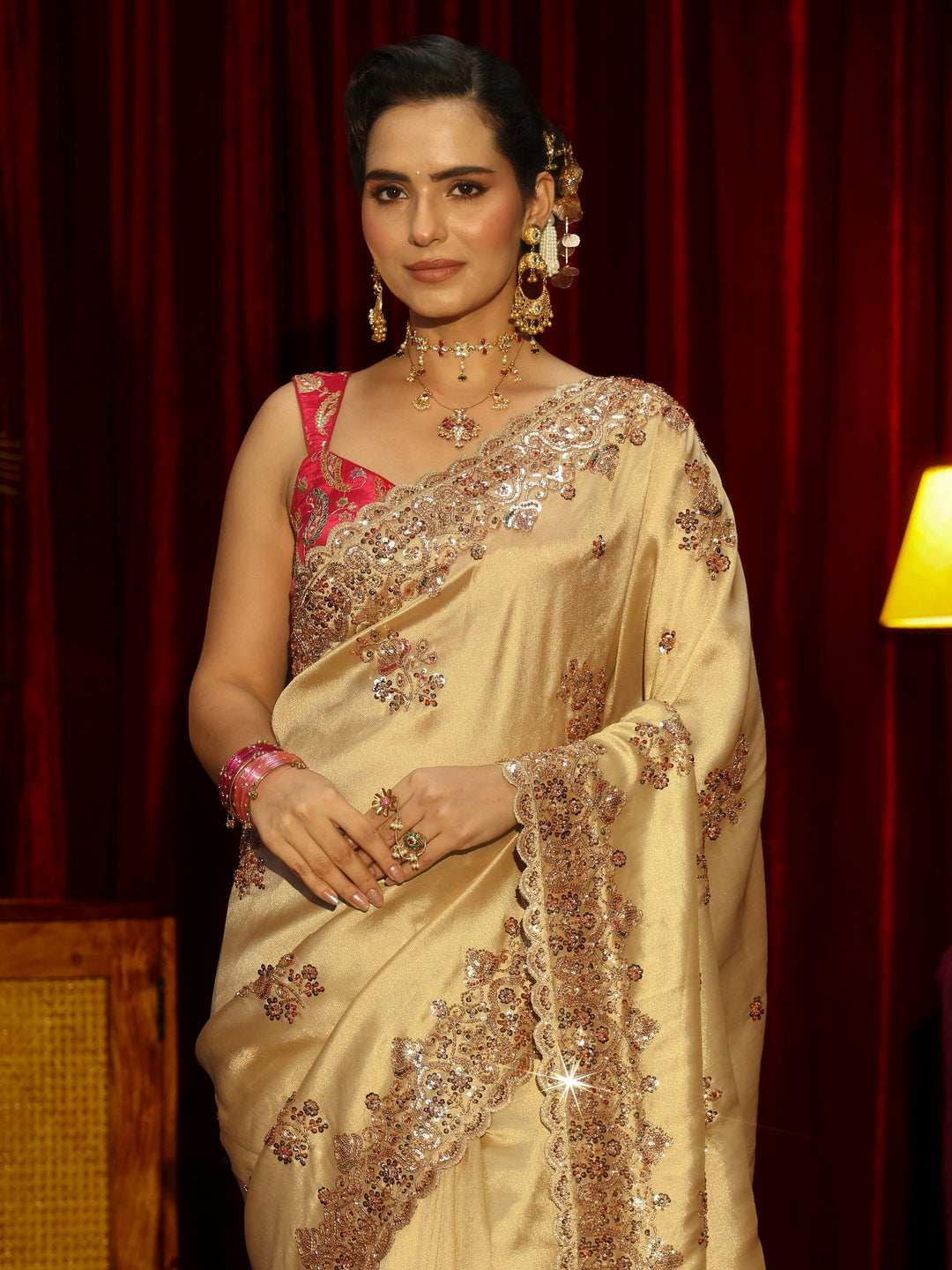 Libas Art Green Floral Sequins Embellished Tissue Saree