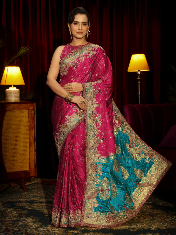 Libas Art Rani Pink Silk Blend Saree with Embellished Border