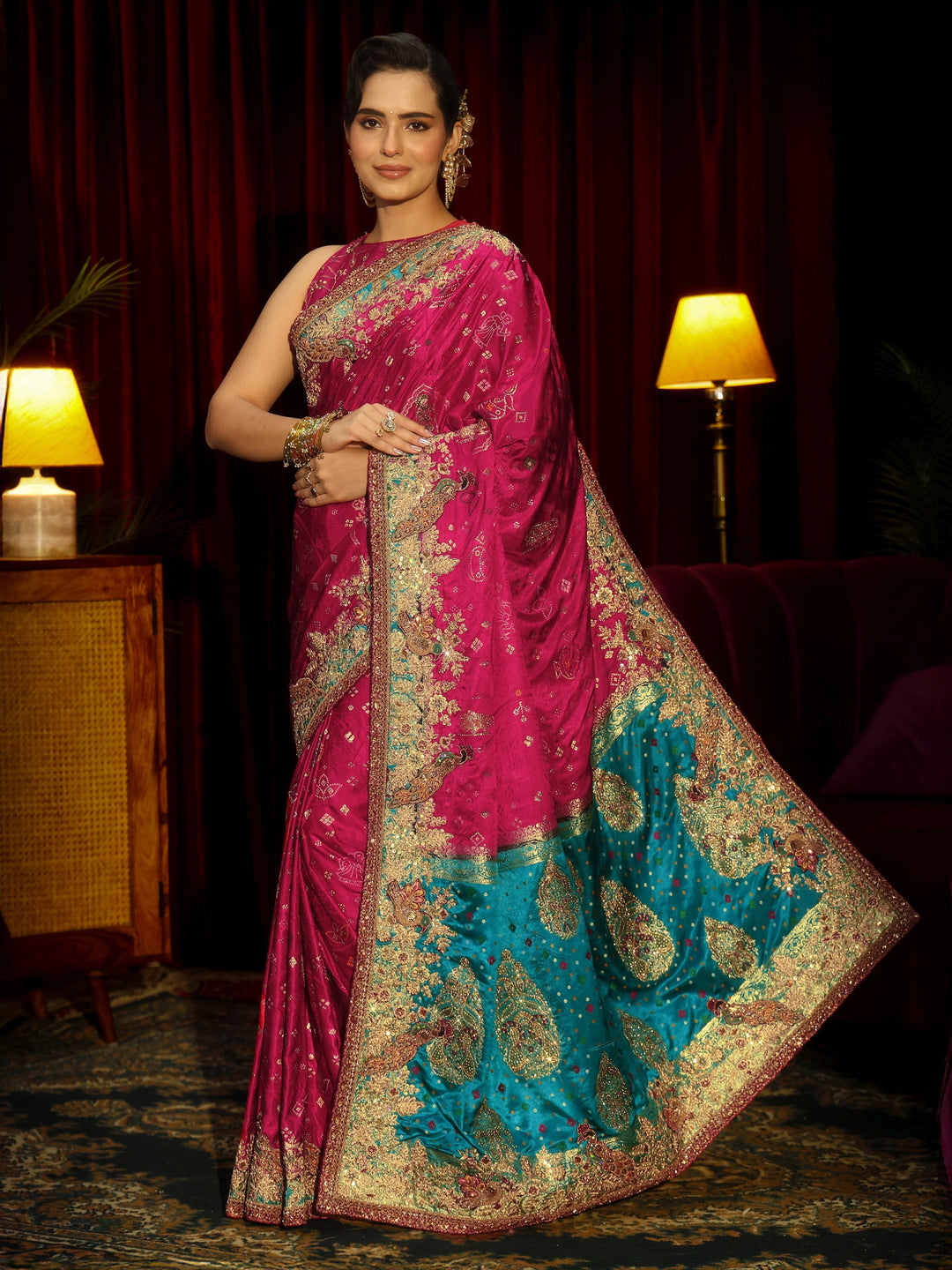 Libas Art Rani Pink Silk Blend Saree with Embellished Border