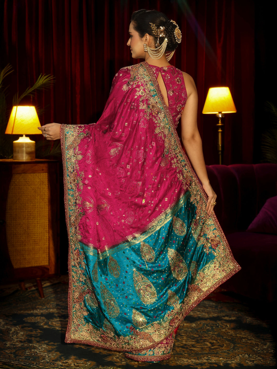 Libas Art Rani Pink Silk Blend Saree with Embellished Border