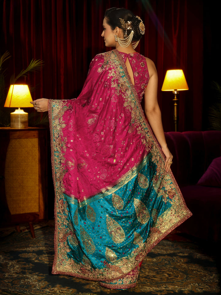 Libas Art Rani Pink Silk Blend Saree with Embellished Border