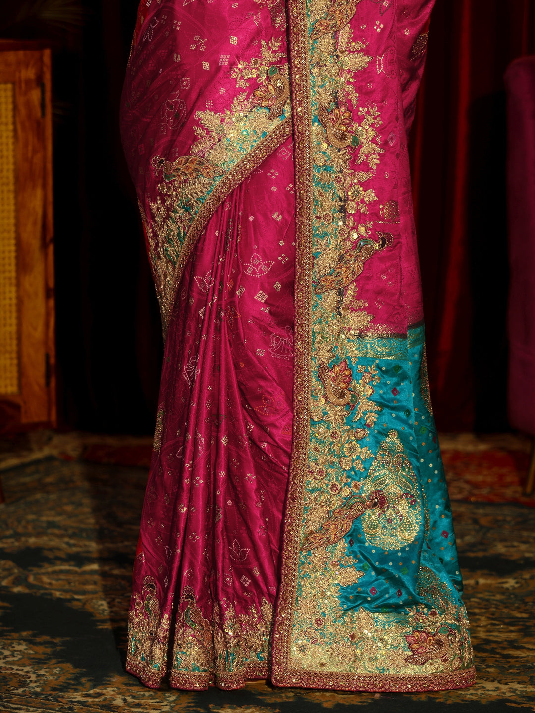 Libas Art Rani Pink Silk Blend Saree with Embellished Border