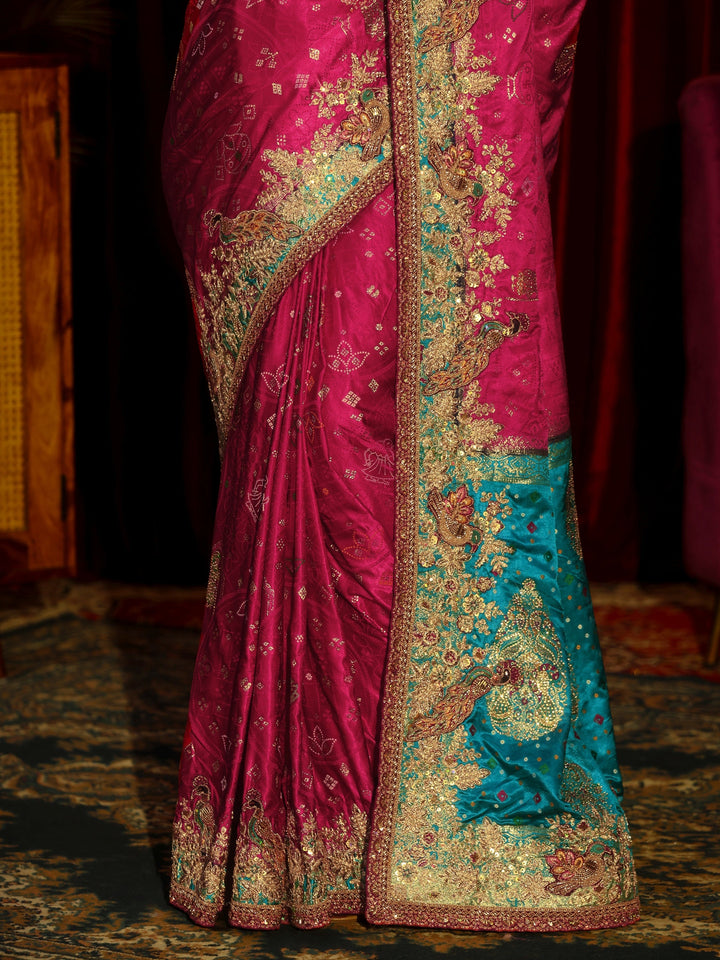 Libas Art Rani Pink Silk Blend Saree with Embellished Border