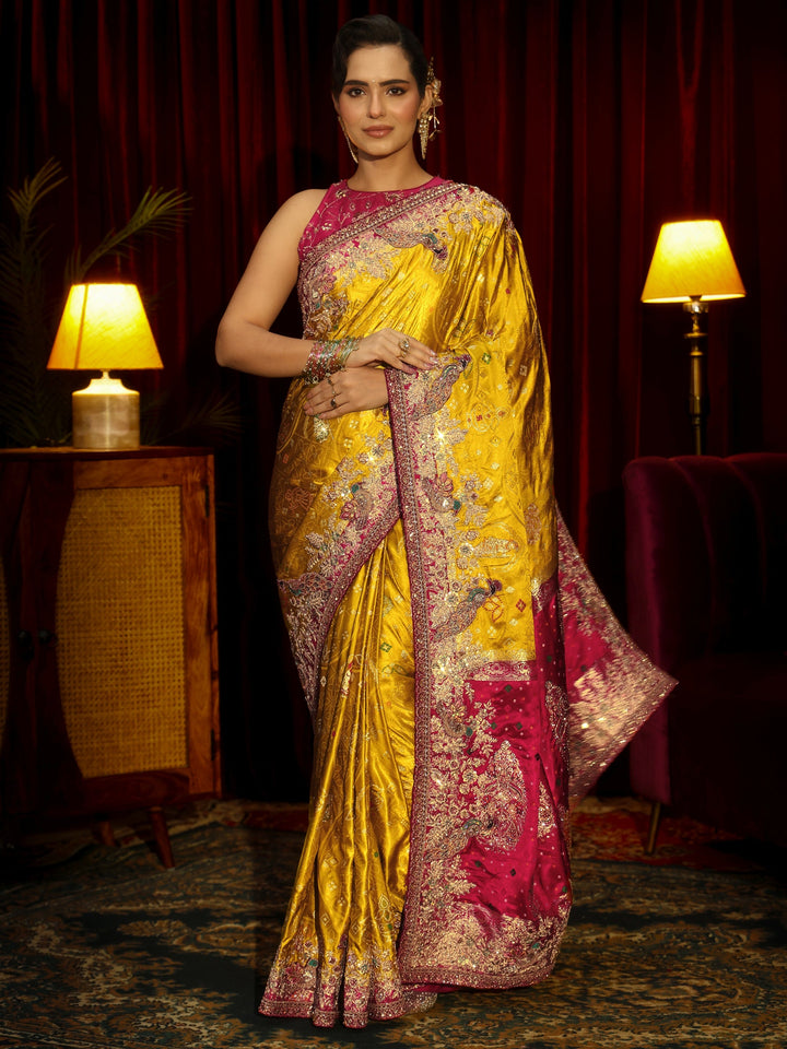 Libas Art Mustard Silk Blend Saree with Embellished Border