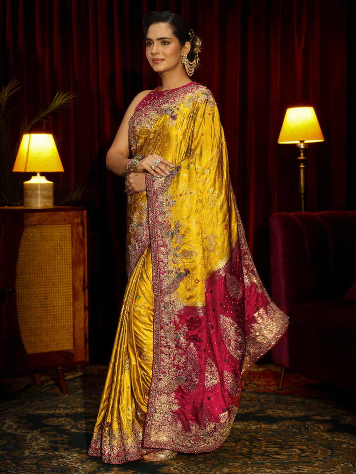 Libas Art Mustard Silk Blend Saree with Embellished Border