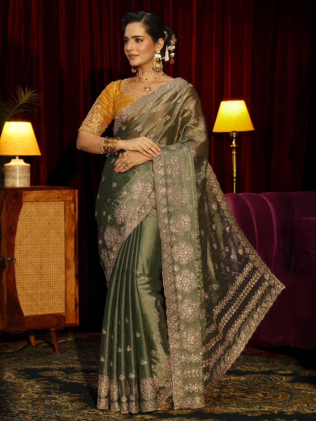 Libas Art Olive Green Floral Embellished Tissue Saree