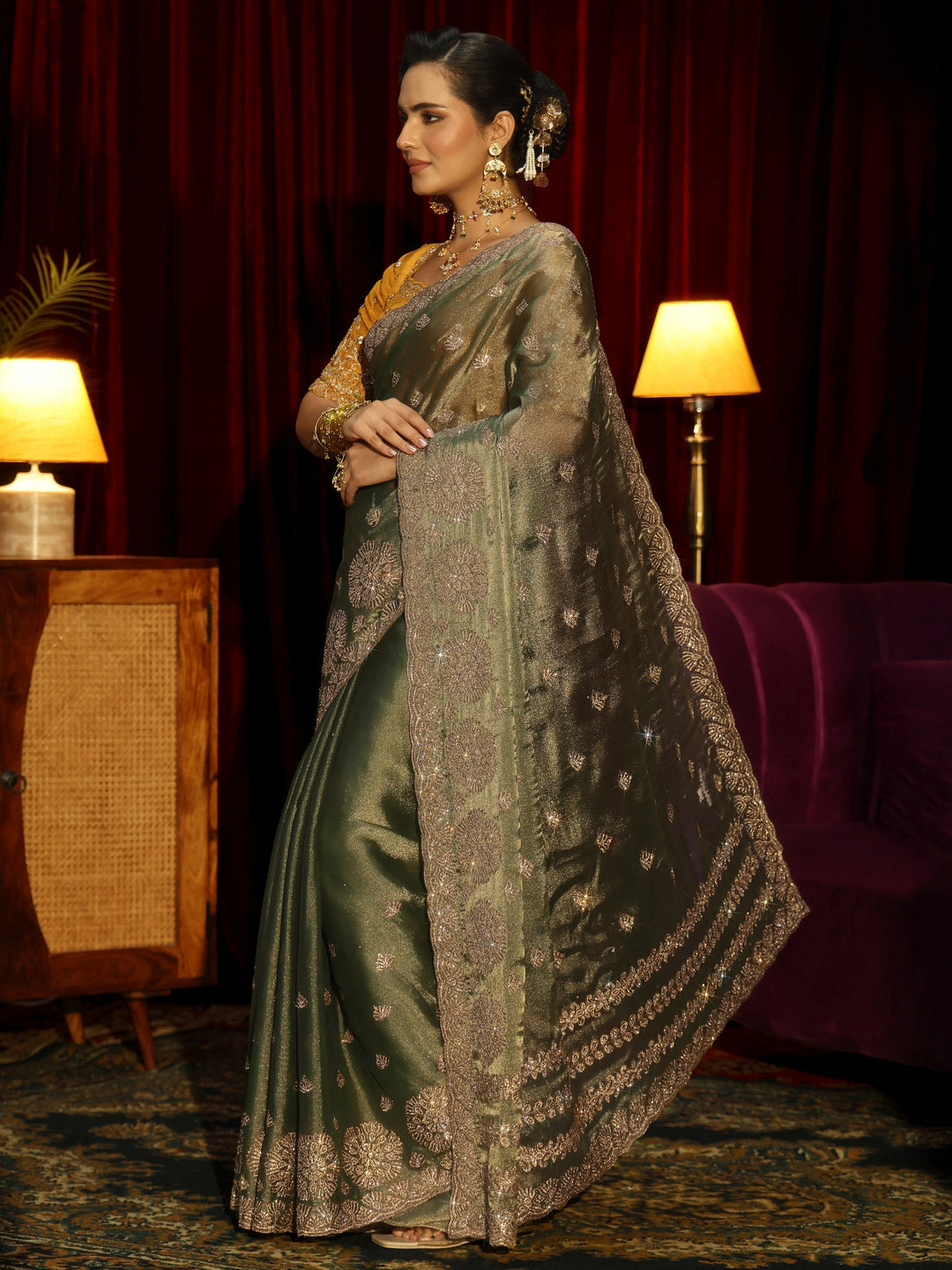 Libas Art Olive Green Floral Embellished Tissue Saree
