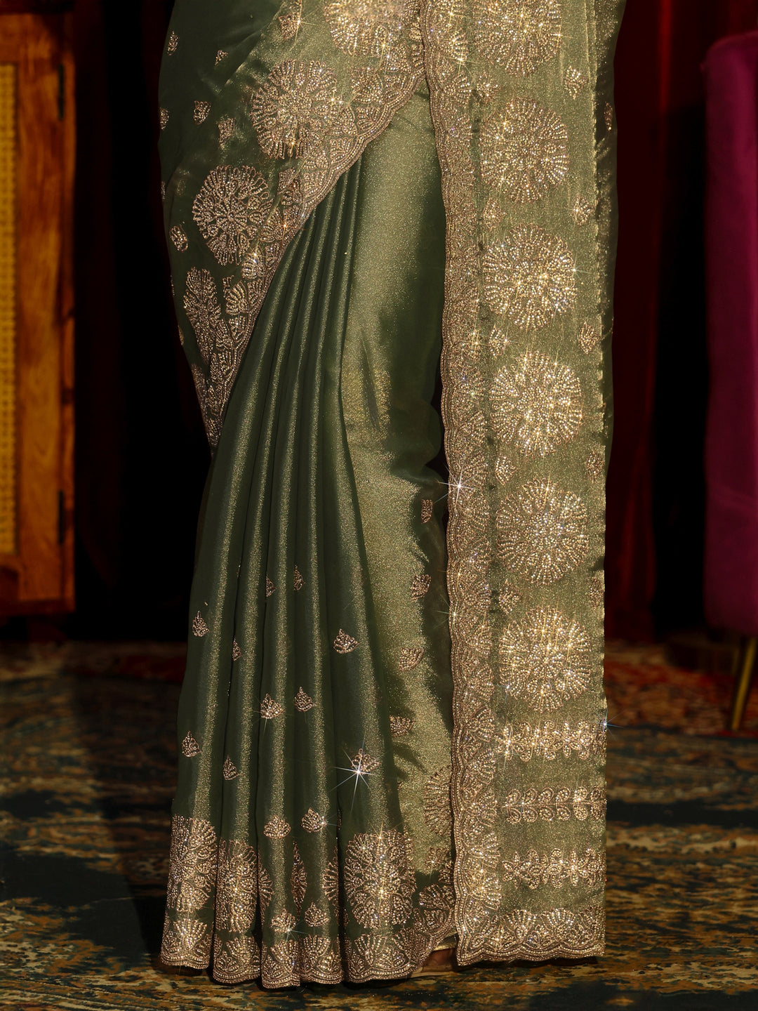 Libas Art Olive Green Floral Embellished Tissue Saree