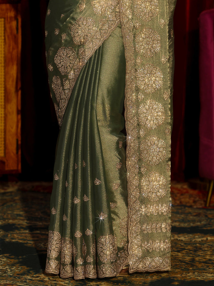 Libas Art Olive Green Floral Embellished Tissue Saree