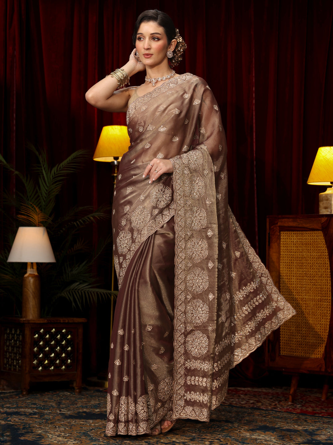 Libas Art Mauve Stone Work Embellished Tissue Saree