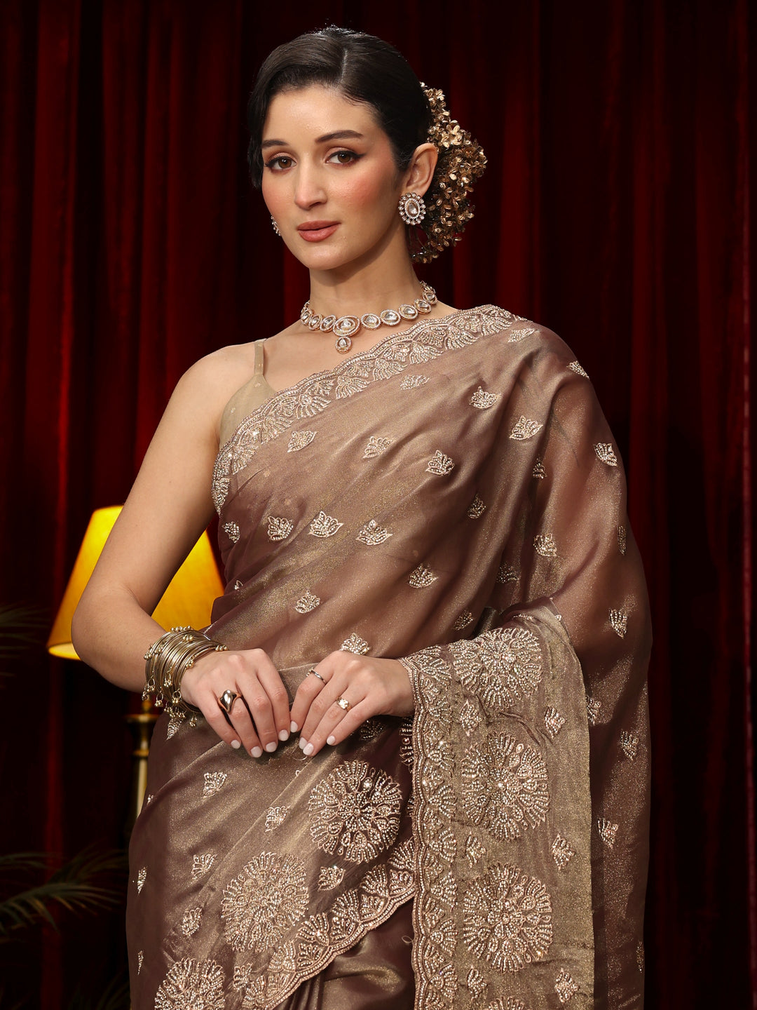 Libas Art Mauve Stone Work Embellished Tissue Saree