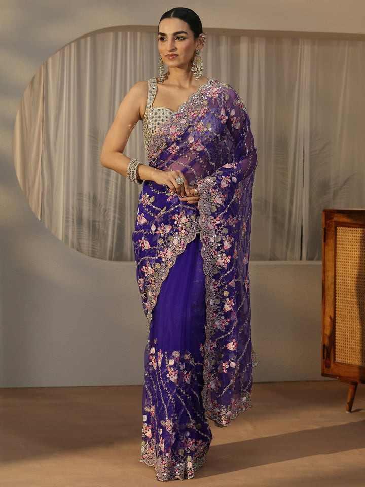 Libas Art Purple Floral Embellished Net Saree
