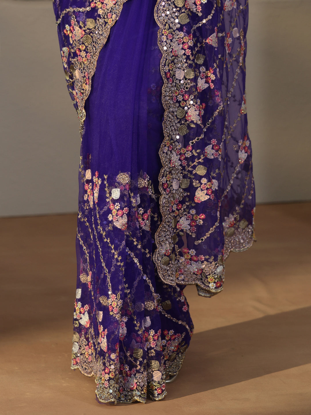 Libas Art Purple Floral Embellished Net Saree