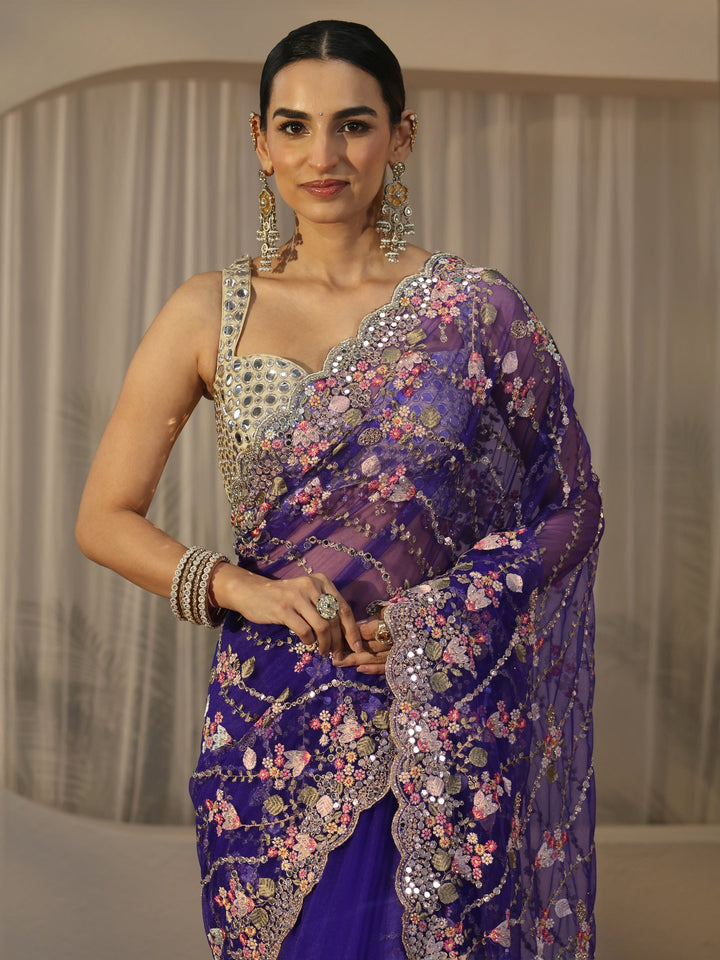 Libas Art Purple Floral Embellished Net Saree