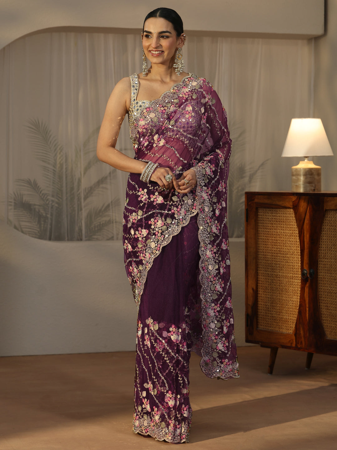 Libas Art Burgundy Floral Embellished Net Saree