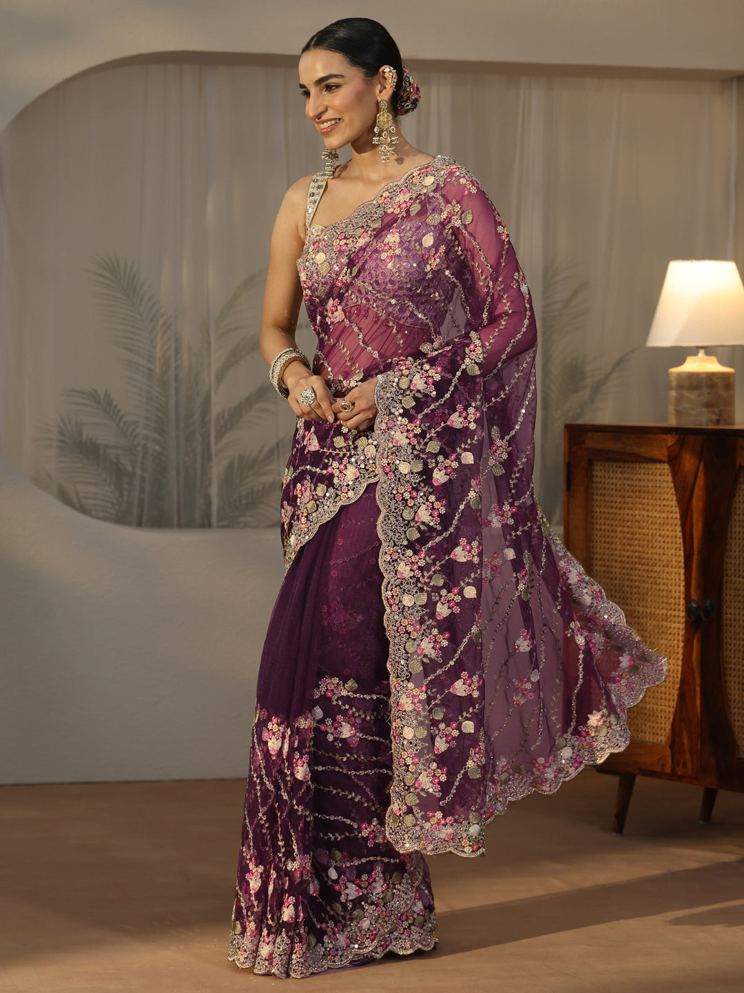 Libas Art Burgundy Floral Embellished Net Saree