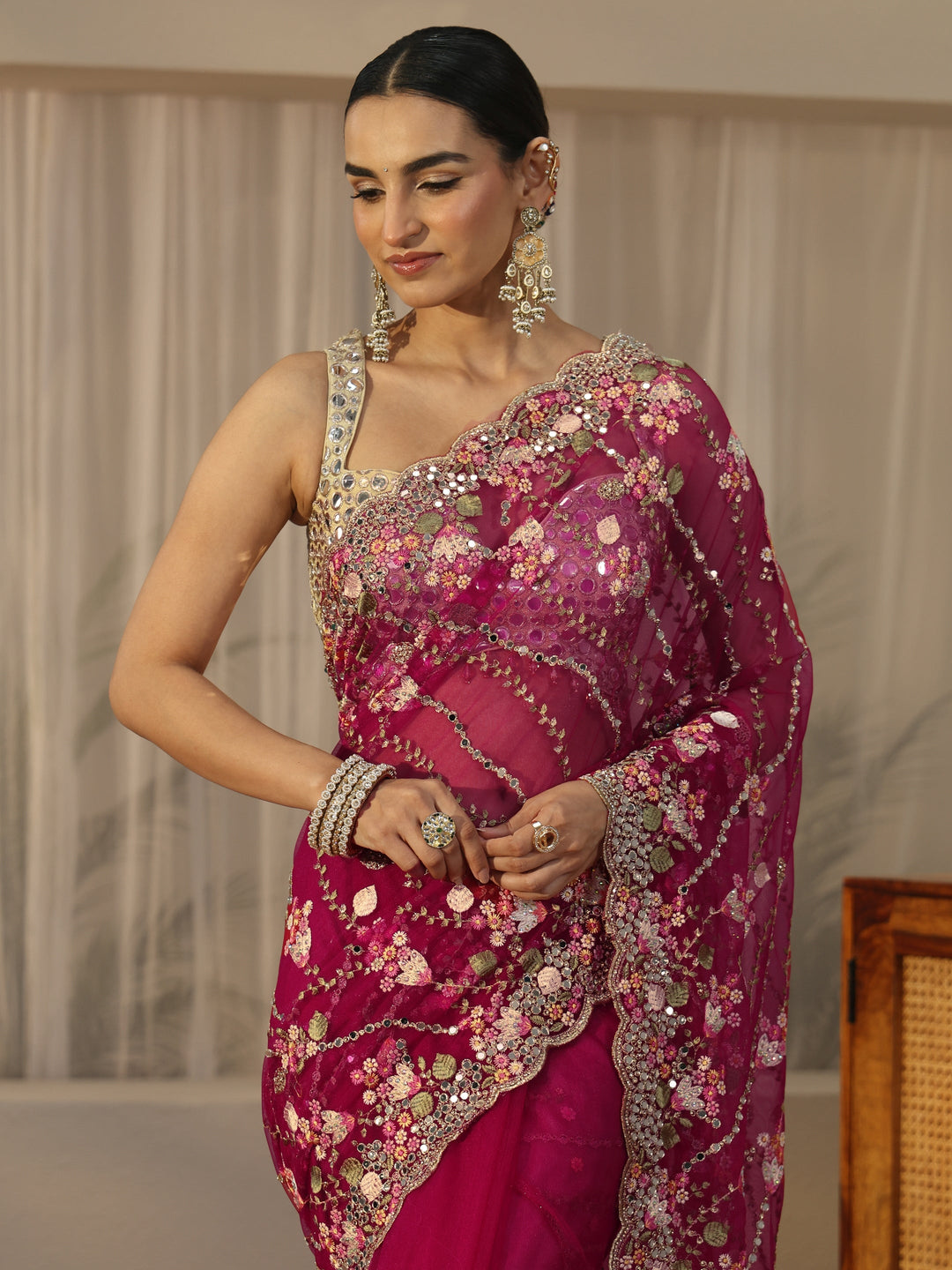 Libas Art Fuchsia Pink Floral Embellished Net Saree