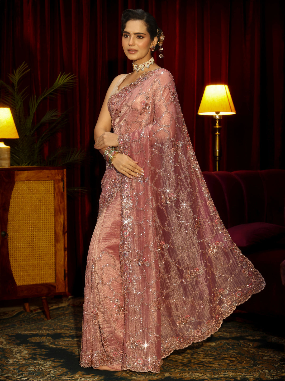 Libas Art Dusty Rose Pink Embellished Tissue Saree