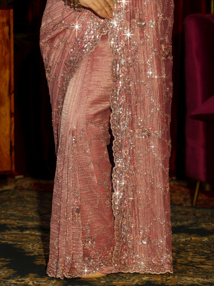 Libas Art Dusty Rose Pink Embellished Tissue Saree