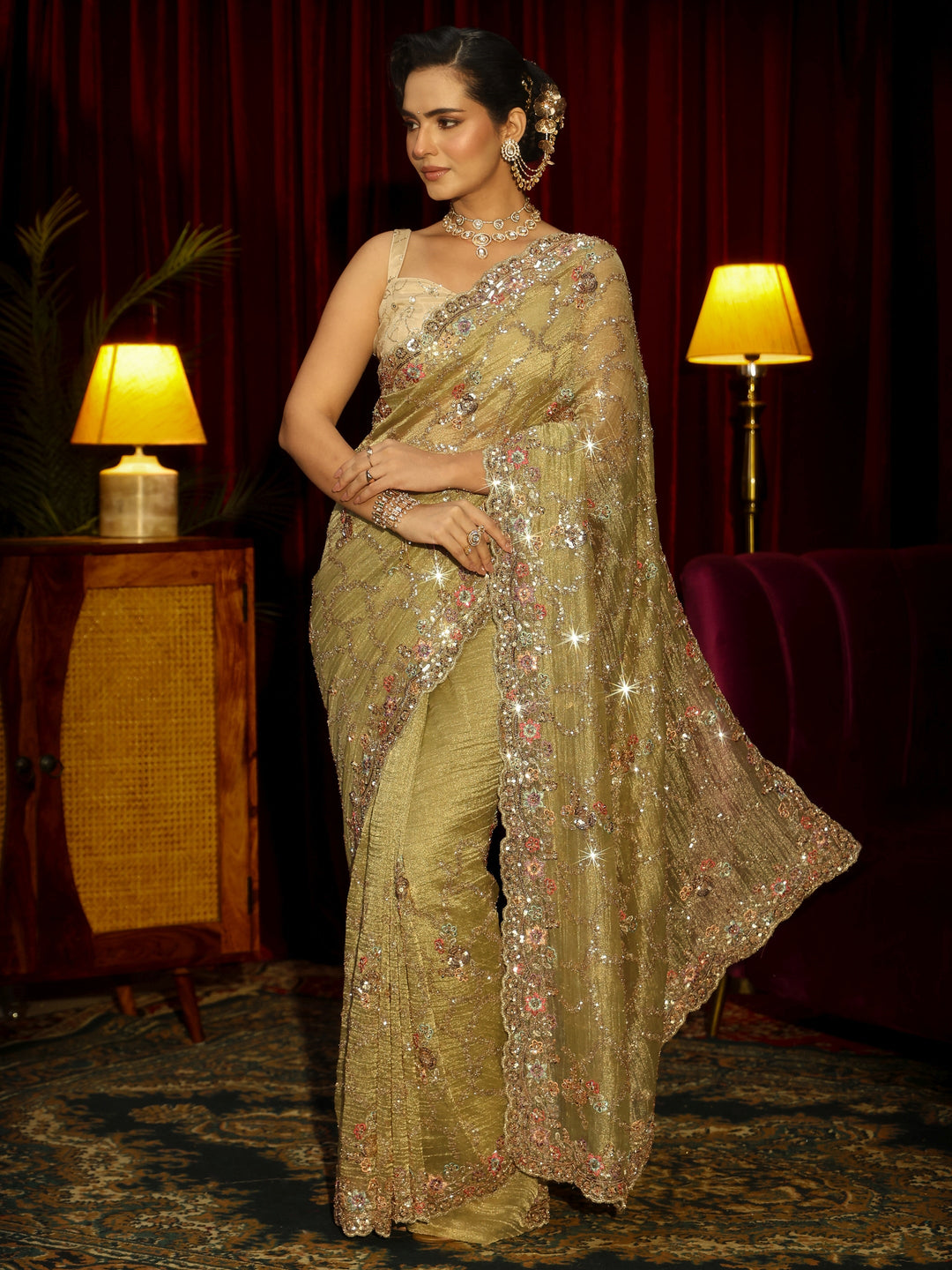 Libas Art Pista Green Embellished Tissue Saree