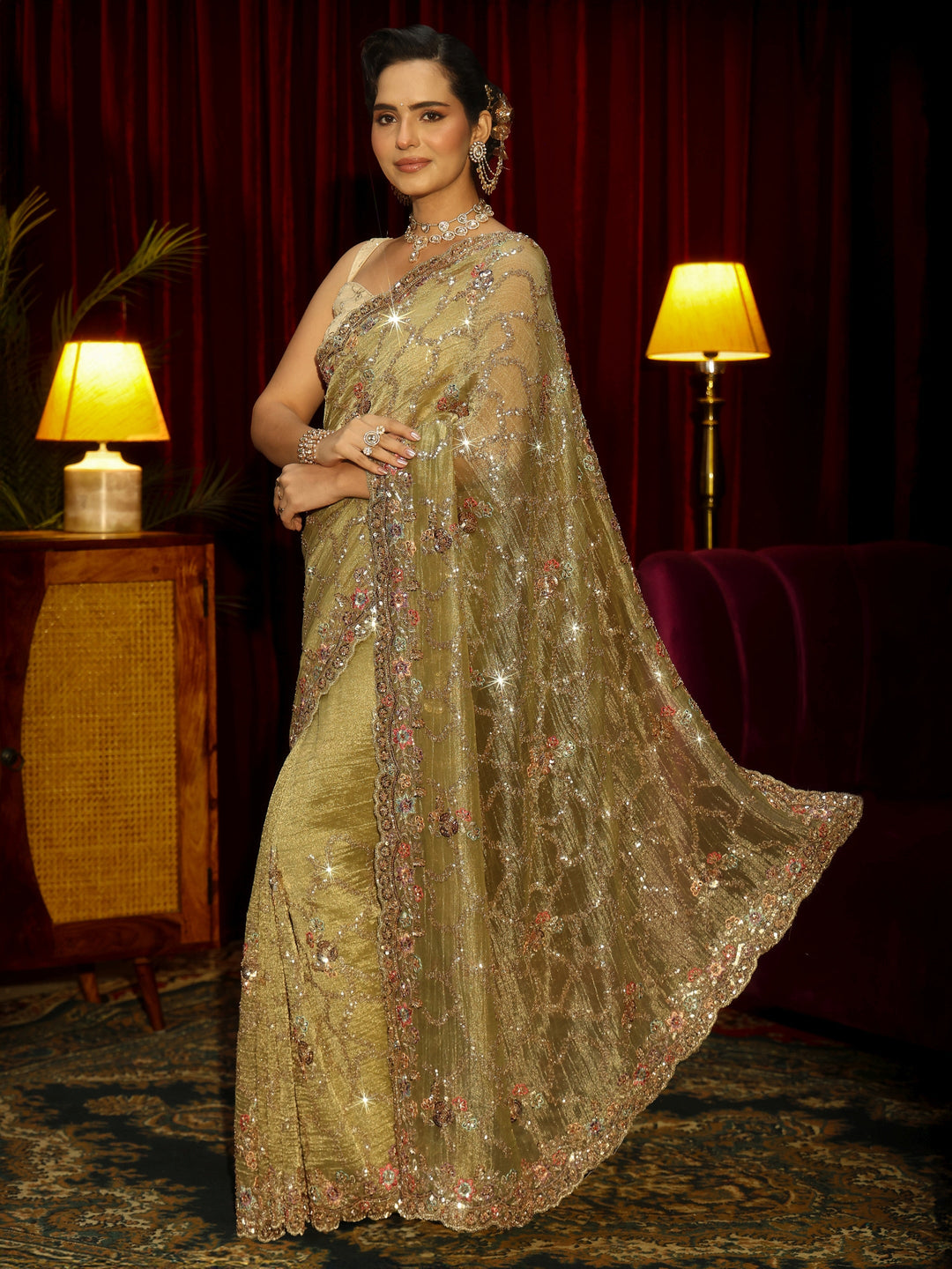 Libas Art Pista Green Embellished Tissue Saree