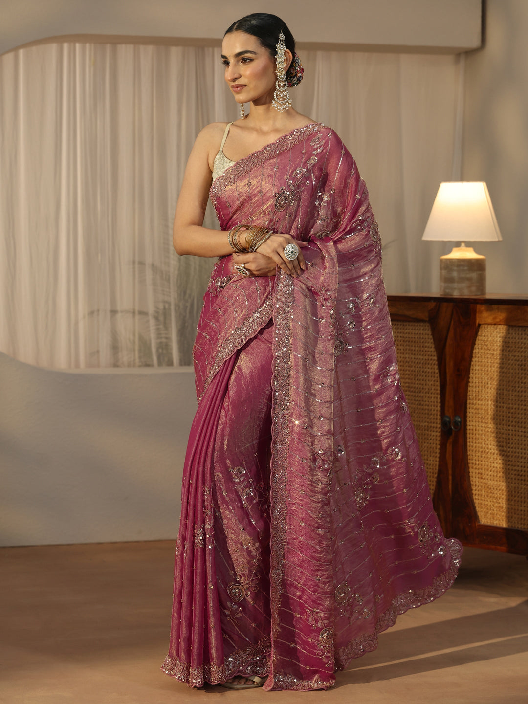 Libas Art Dusty Rose Pink Embellished Tissue Saree