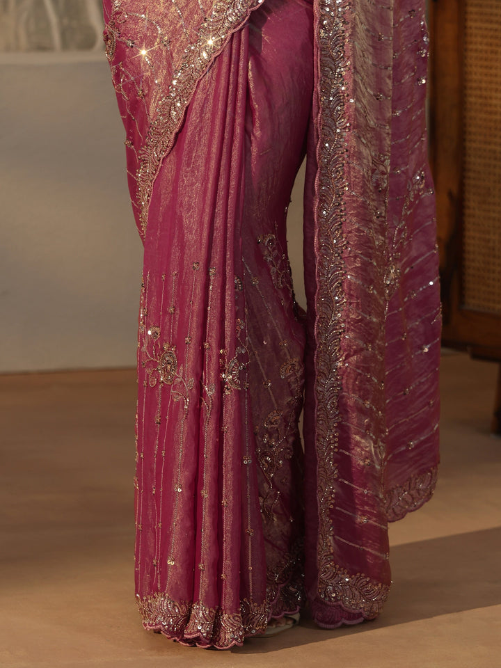 Libas Art Dusty Rose Pink Embellished Tissue Saree