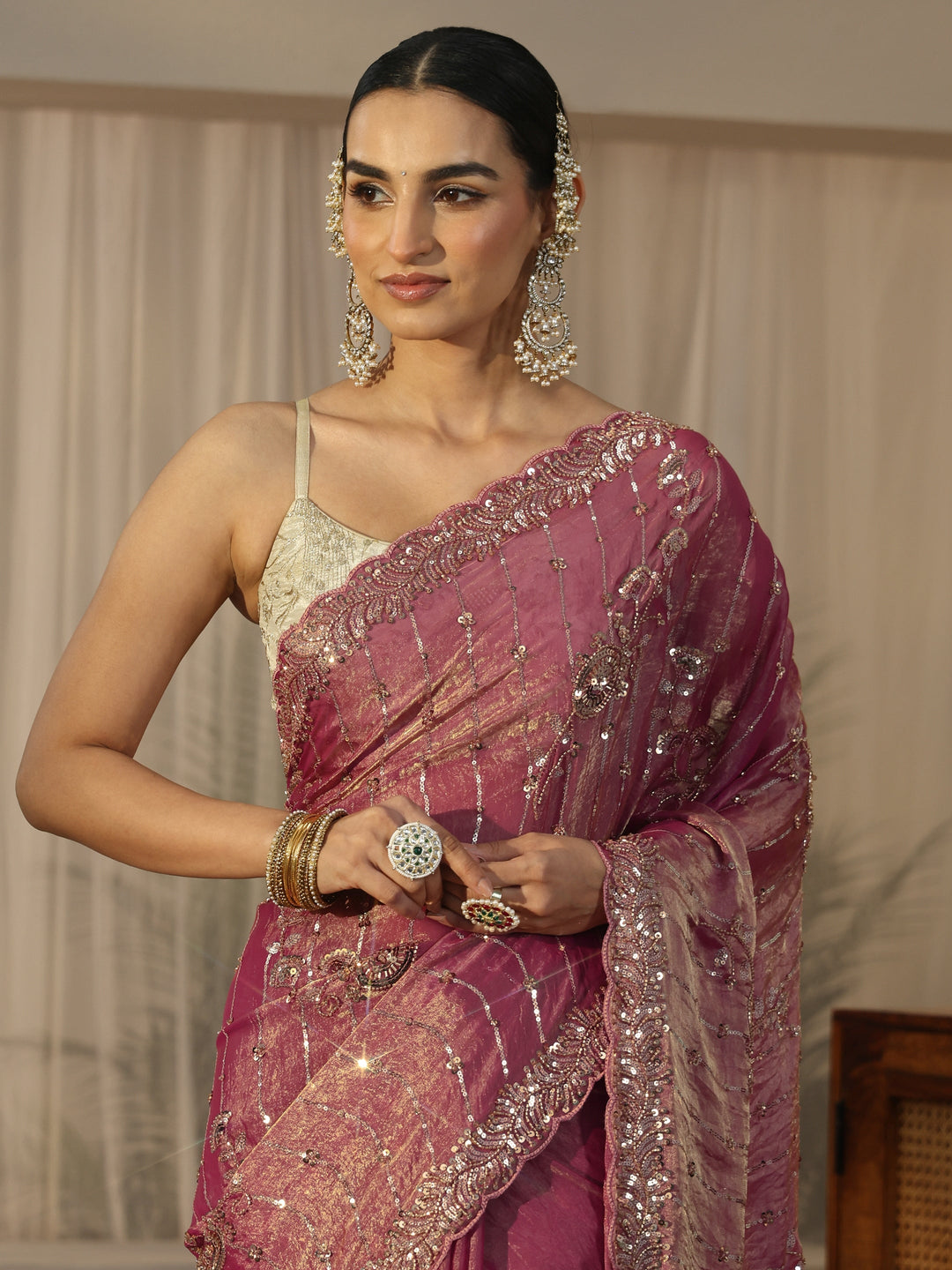 Libas Art Dusty Rose Pink Embellished Tissue Saree