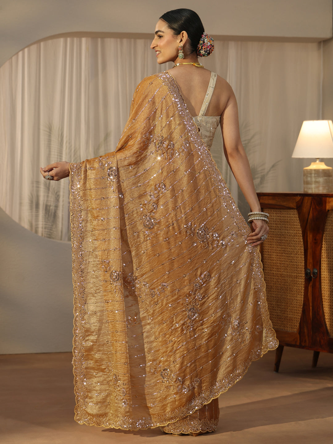 Libas Art Mustard Embellished Tissue Saree