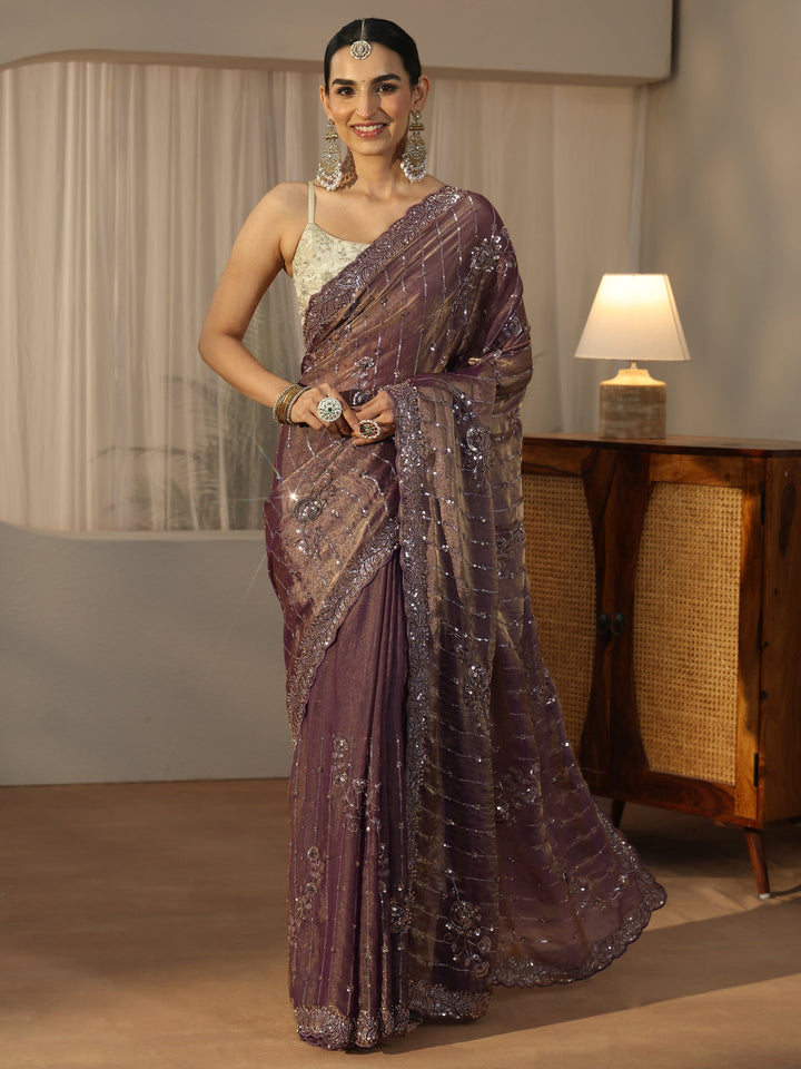 Libas Art Purple Sequin Embellished Tissue Saree