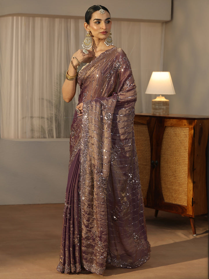 Libas Art Purple Sequin Embellished Tissue Saree