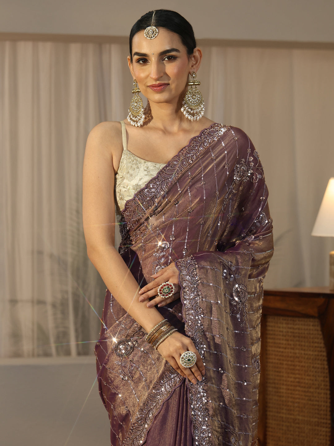 Libas Art Purple Sequin Embellished Tissue Saree