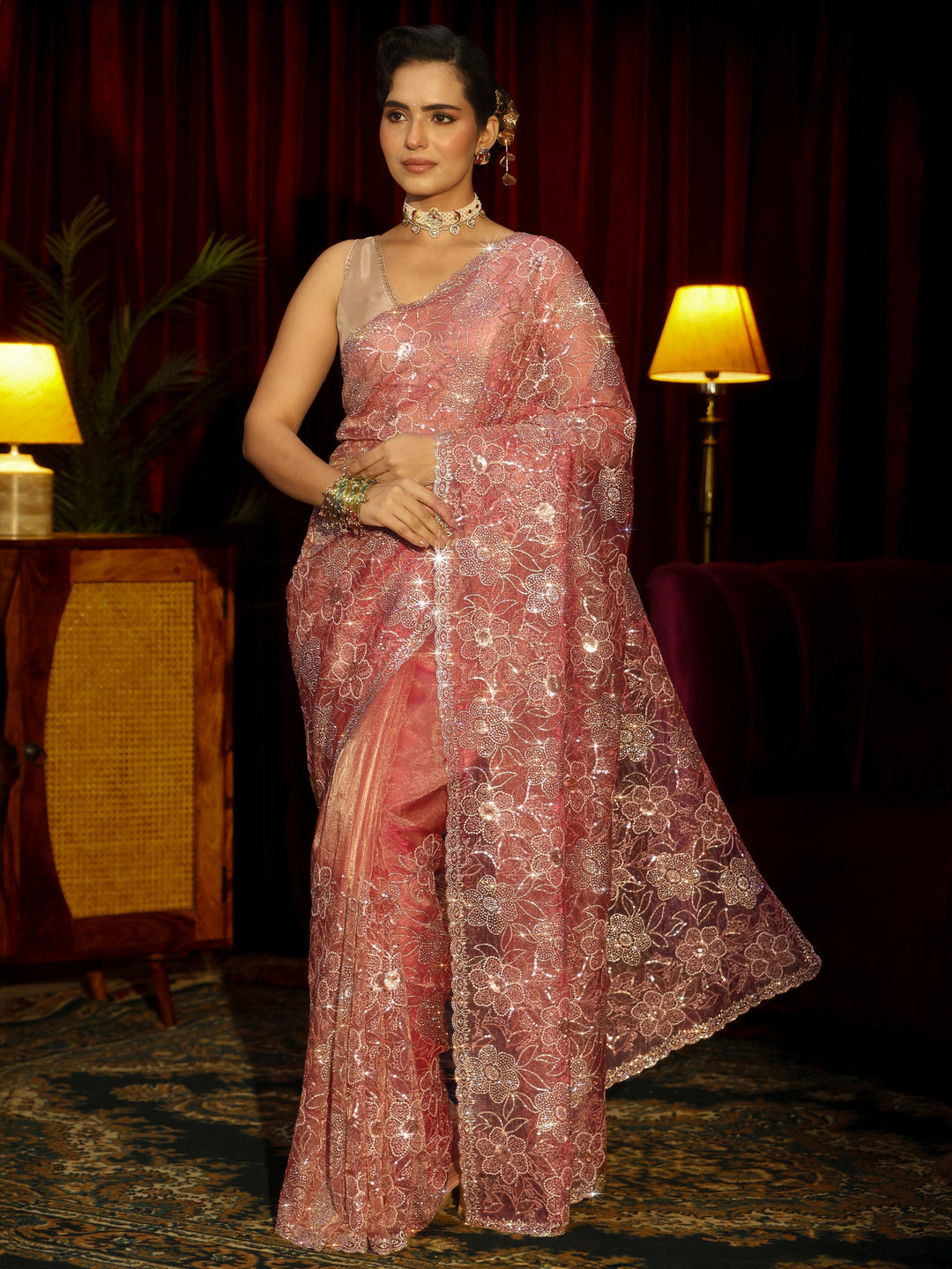 Libas Art Peach Pink Floral Embellished Tissue Saree